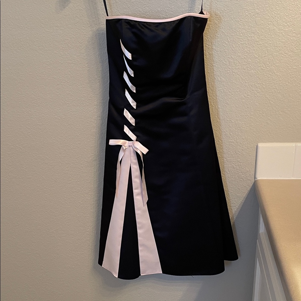 Jessica McClintock Black Strapless A-Line Dress with Light Pink Ribbon